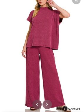 Zenana Outfitters Cabernet Ribbed Wide-Leg Lounge Set